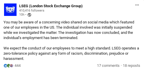 London Stock Exchange Group sacks US staff member over ‘racist’ video